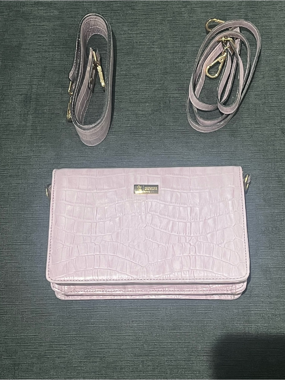 Croc-Embossed Lilac Crossbody Bag with Gold Accent Plaque